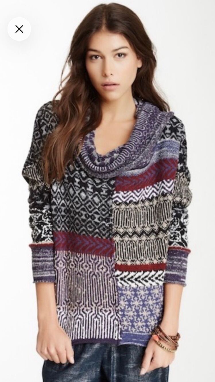 Free People Favorite Patchwork Cowl Neck Pullover Sweater Lg